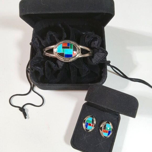 Carolyn Pollack Sterling Silver Relios Inlay Bracelet and matching Earrings - Picture 1 of 7